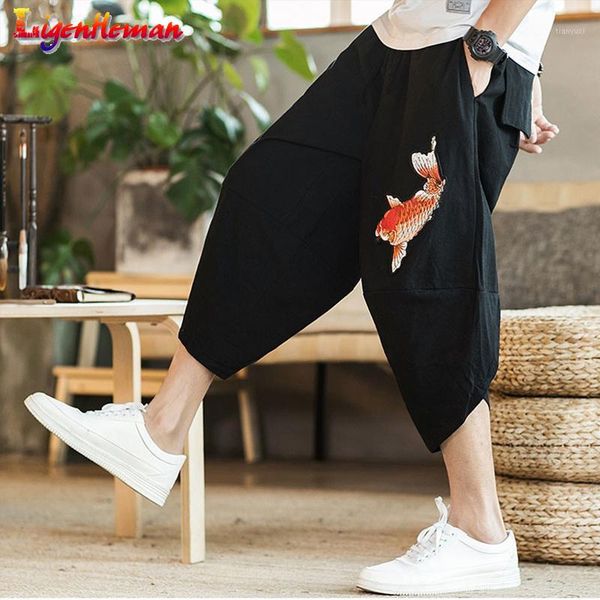 

man fashion casual joggers korean beach calf-length pants 5xl summer mens 2020 new carp embroidery baggy loose trousers1, Black