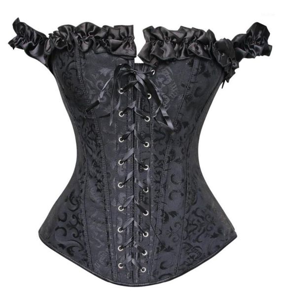 

heavy duty corset with ruffle trim, ruffle tie straps, front lace-up, laces up the back waist corselet1, Black;white