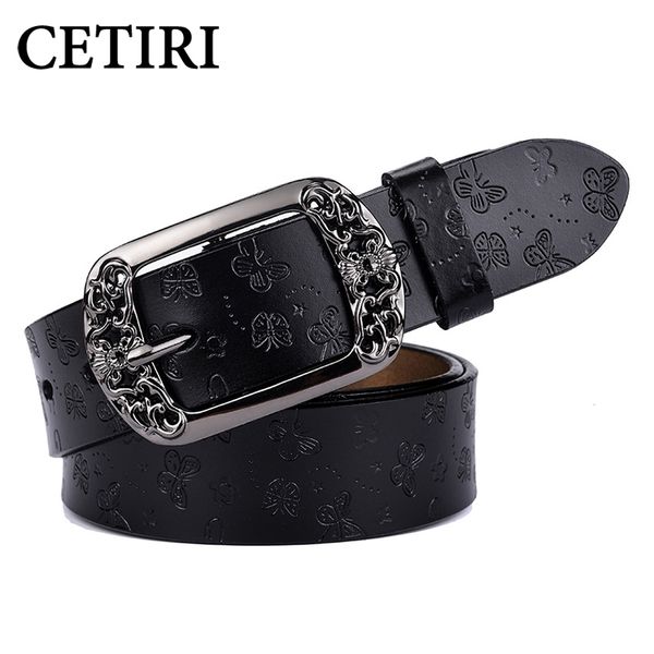

cetiri fashion wide women genuine leather belt vintage floral luxury belts for women casual jeans strap belt y200513, Black;brown