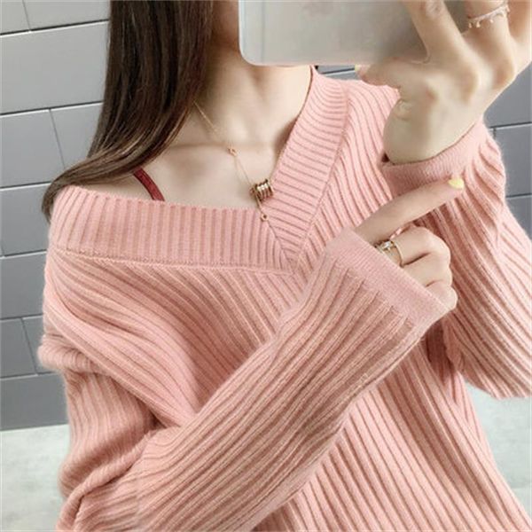 

women pullovers sweater solid v neck long sleeved knitted casual sweater 2020 autumn winter soft warm knitwear for female, White;black