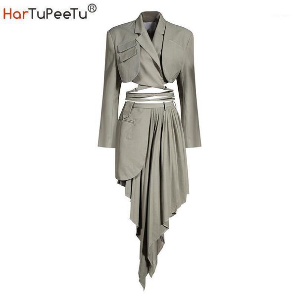 

2020 autumn women blazer two piece suit bandage short style and irregular pleated mini skirt plus size fit fire business set1, White