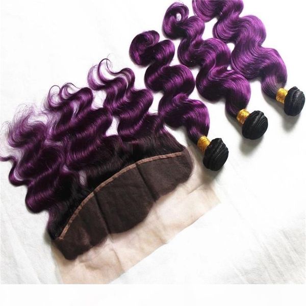 

body wave 1b purple ombre 13x4 full lace frontal closure with 3bundles body wave 1b purple ombre virgin human hair weaves with frontal, Black;brown