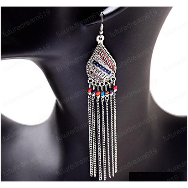 

women's india long chain tassel hanging earrings tibetan jewelry bohemia water drop beads jhumka sqcnik new_dhbest, Silver
