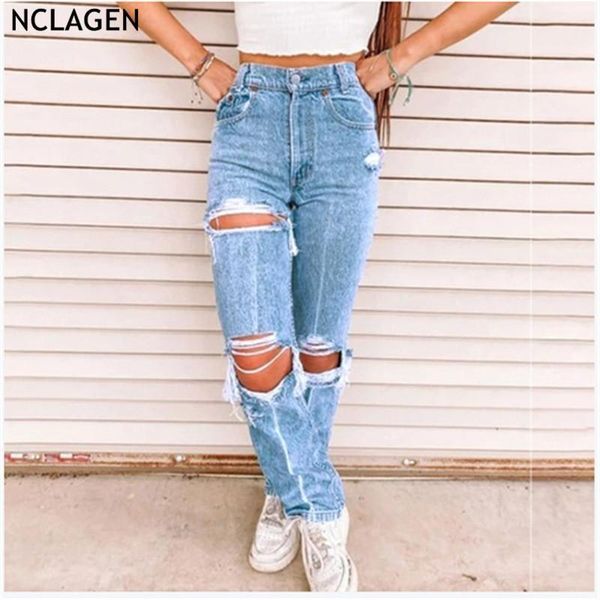 

nclagen fashion ripped hole stylish beggar style casual jeans women vintage hip hop streetwear fashion denim trousers capris1, Blue