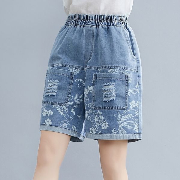 

floral jeans shorts for women all-match loose casual elastic waist pocket streetwear ripped shorts denim pants washed y200822, Blue