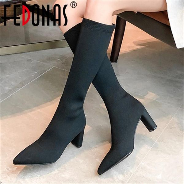 

fedonas dress 2020 new hit knee high boots elegant autumn and winter shoes woman heels working party high heels boots for women, Black