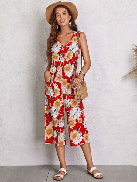 

emery rose floral print v-neck capris jumpsuit l0bq#, White