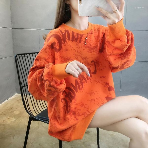 

round neck long-sleeved printed casual hoodie women 2020 autumn winter new loose trend all-match sweet orange apricot, Black