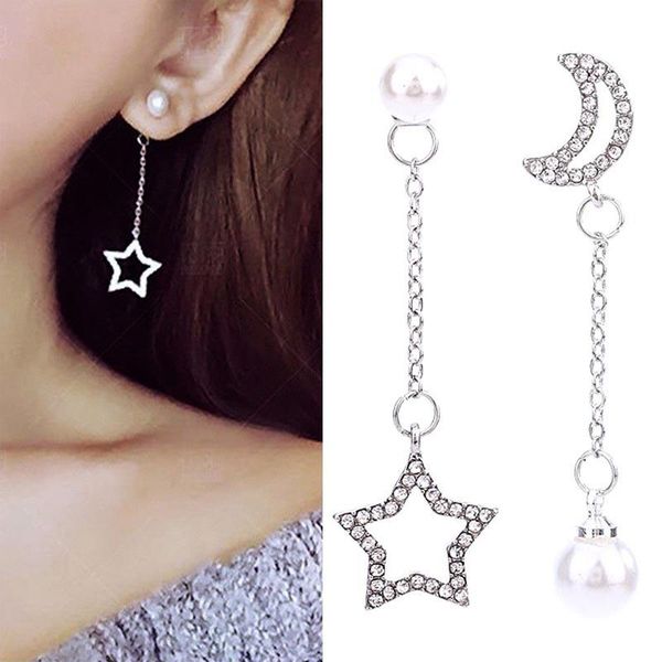 

dangle & chandelier fashion asymmetrical star moon pendant drop earrings for women faux pearl rhinestone ear stud jewelry gifts, Silver