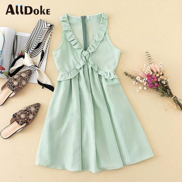 

casual dresses alldoke deep v neck a line dress women summer high waist sleeveless ruffles vintage green ladies vestidos1, Black;gray