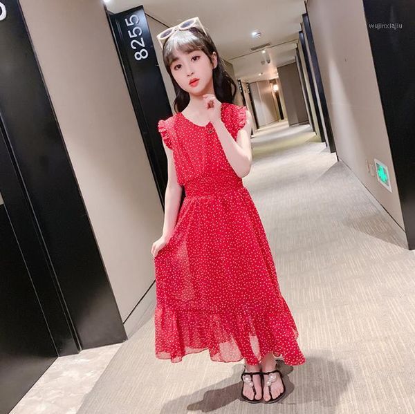 

girl's dresses girls christmas dress summer teenage girl red dots back tie bow chiffon party children's wear 6 8 10 12 14t1, Red;yellow