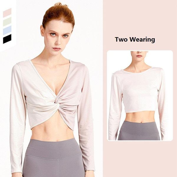 

yoga outfits patchwork knot deep v women long sleeve sports t shirts gym fitness running quick dry crop, White;red