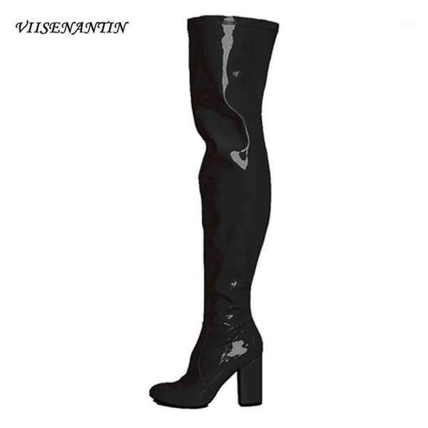 

boots viisenantin 2021 coral blue yellow green fashion over the knee patent leather catwalk thick-heel stretch woman1, Black