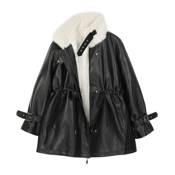 

faux fur coat women leather jacket autumn winter warm plush thick suede outerwear lambs wool short motorcycle coats female 201226, Black