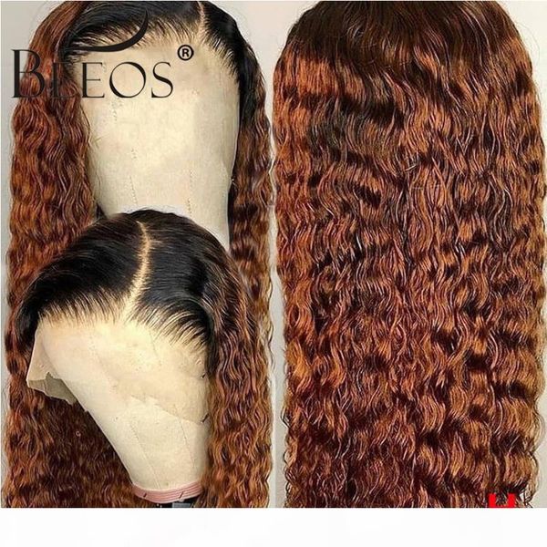 

ombre honey blonde 1b 30 curly human hair wig 180% brazilian remy preplucked lace front closure wig glueless for black women, Black;brown