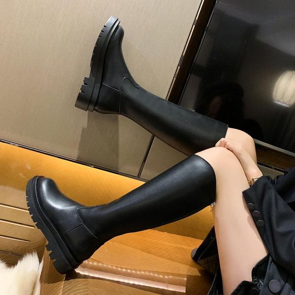 

knee high boots for women wide calf platform long boots pu leather chunky motorcycle women punk shoes botas de mujer, Black