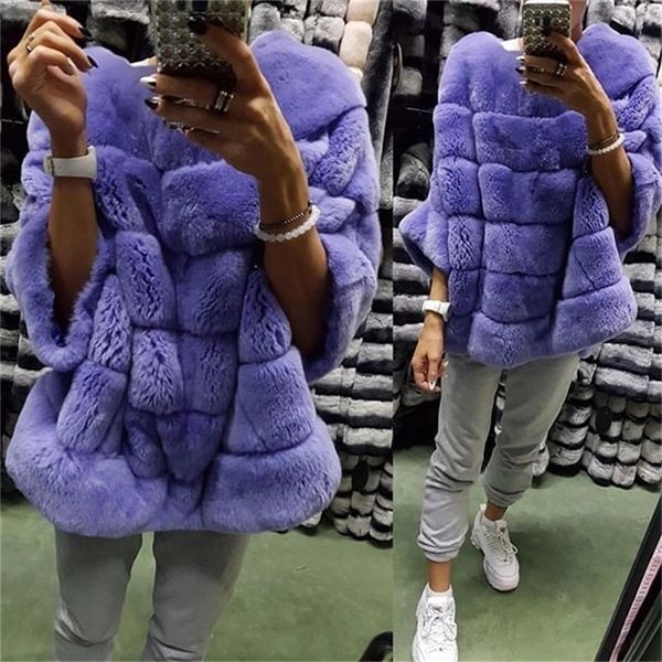 

real rex rabbit fur poncho coat jacket stripe with batwing sleeve furry winter warm half sleeve pink clothes pullover 201212, Black