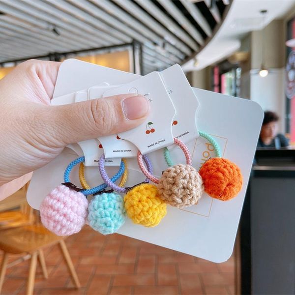 

simple cute handmade knitting wool ball rubber band hair rope korean fashion children's hair accessories sweet girl headwear, Slivery;white