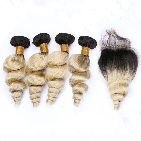 

blonde ombre loose wave indian human hair weaves 4bundles with closure #1b 613 blonde ombre virgin human hair 4x4 lace closure with weaves, Black;brown