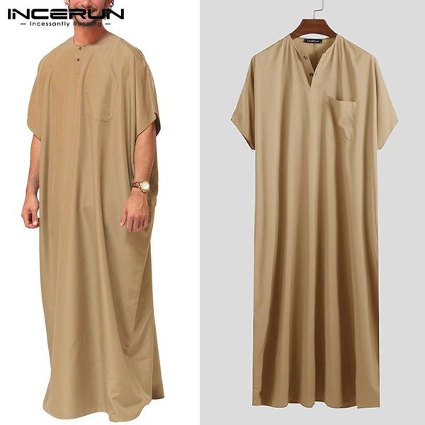 

incerun men islamic arabic kaftan short sleeve solid loose abaya robes saudi arabia middle east jubba thobe muslim clothing 5xl, Red