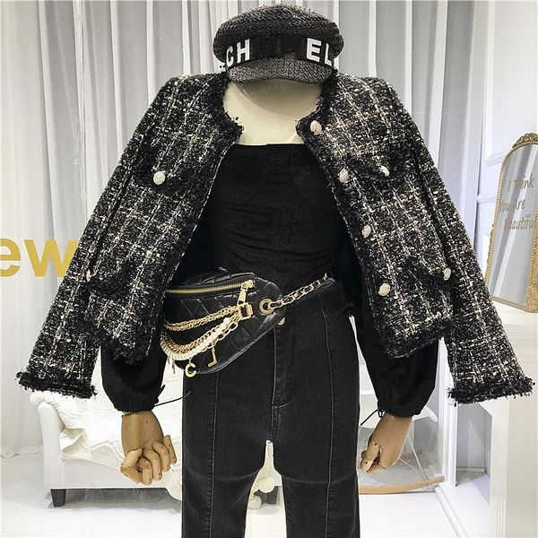 

korean 2020 new spring tweed coat women buttons pockets tweed jackets tassel plaid coats female autumn short metal jacket qt59, Black;brown