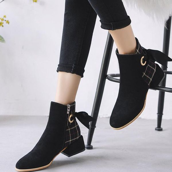 

women's bowtie ankle boots female elegant plaid pumps ladies high heels women flock zip short boots woman shoes autumn winter, Black