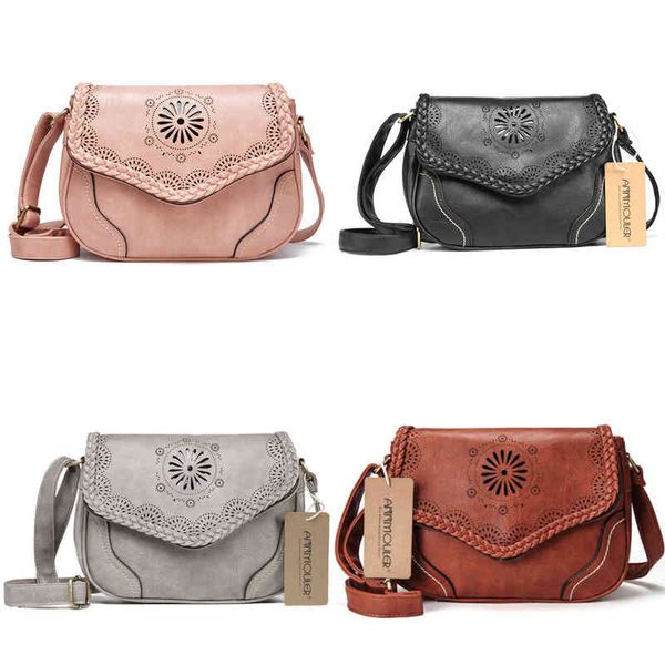 

nxy handbag annmouler brand women shoulder bag vintage pu leather crossbody hollow out ladies satchel brown retro for girls 0214