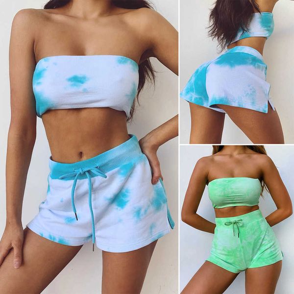 

women's summer tube waistless casual split shorts tie-dye suit, White;black