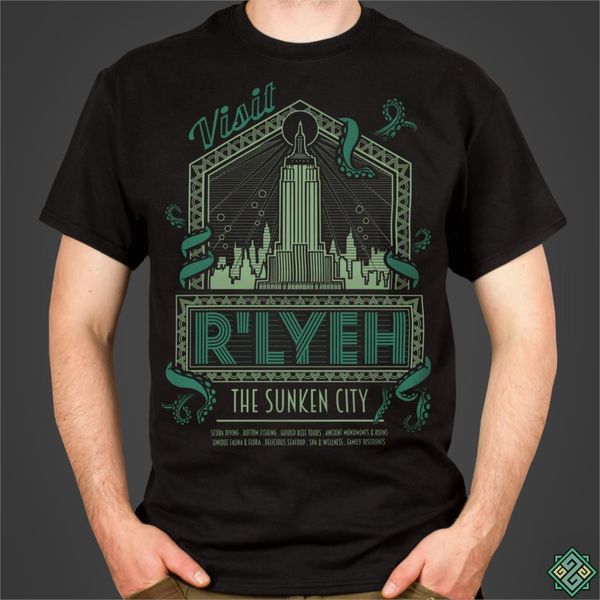 

rlyeh the sunken city h p lovecrafts call of cthulhu inspired horror themed screen printed by hand geek gift sport sweatshirt hoodie t shirt