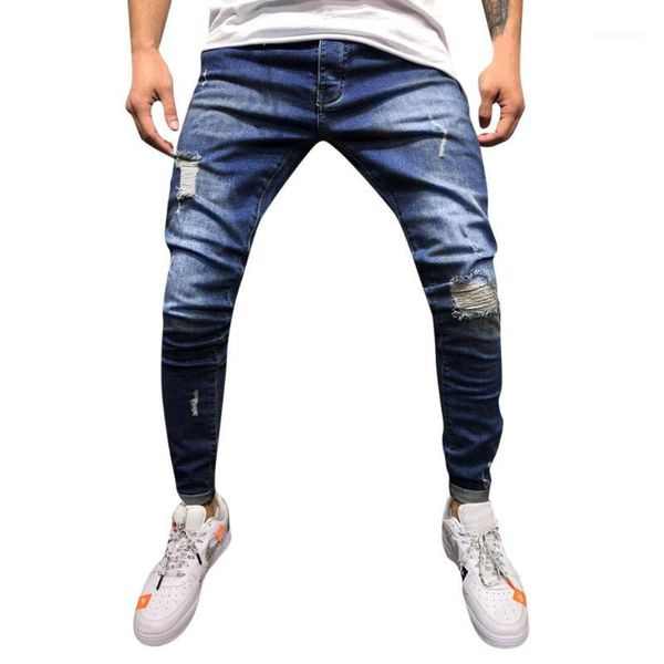 

mens skinny jeans 2019 men ripped stretch denim pants cotton straight hole pocket trousers elastic waist distressed jeans pants1, Blue