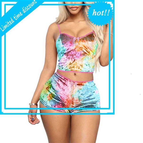 

2pc sets women flowers tie dye spaghetti strap shorts ladies summer casual nightwear pyjamas set homwear, Red;black