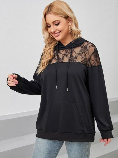 

plus lace panel drawstring hoodie v2kz#, Black