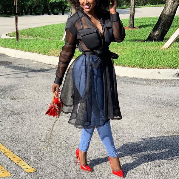 

women long sleeve mesh shirt dress poket design elegant dress c0122