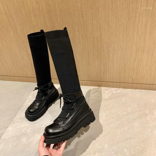 

boots brand classic design women knee high heels buckles motorcycle genuine leather long shoes woman1, Black