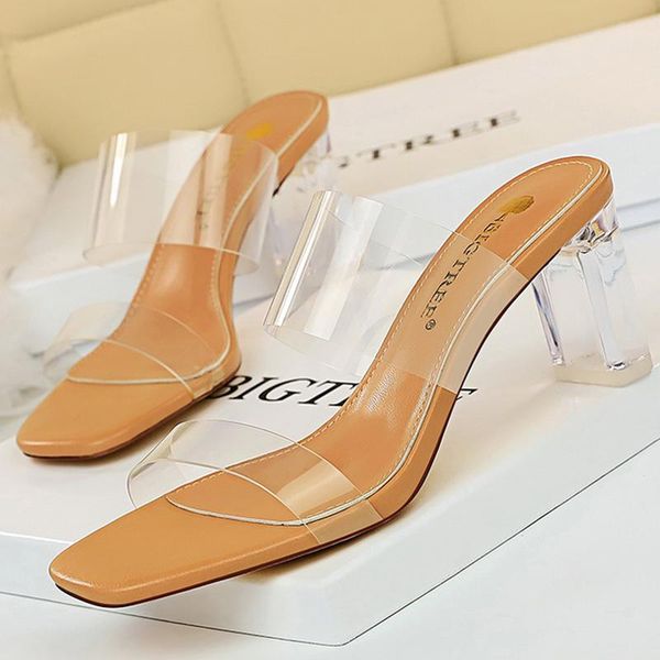

2021 summer fashion concise women 6.5cm high heels nightclub slippers square toe open toe slippers new style silver lady shoes, Black