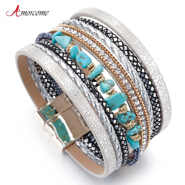 

charm bracelets amorcome blue natural stone leather for women trendy boho braided rope wide multilayer wrap bracelet female jewelry, Golden;silver