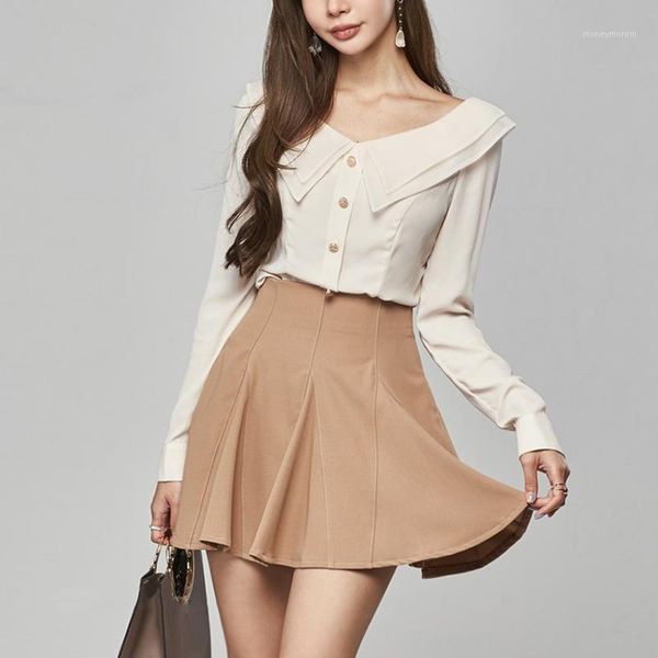 

women's tracksuits arrival fresh women sets lovely solid shirt and mini a-line skirt elegant vintage two pieces sets1, Gray