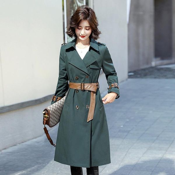 

dust coat long autumn han edition in 2020 a new green coat female temperament of high-end over-the-knee drape jacket, Tan;black