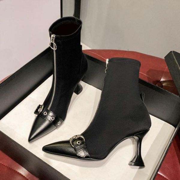 

роскошные остроконечные toe wineglass пятки boots передняя молния и бляшкой женские сапоги мода все матча stretch satin, Black