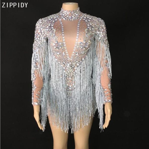 

silver red blue crystals tassel bodysuit evening birthday celebrate dance wear dj female singer show bodysuit, Black;red
