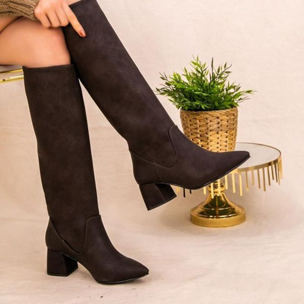 

taya brown skin boots 2021 winter fashion new season long women boots elegant postal high square heel casual classic clothing dark color, Black