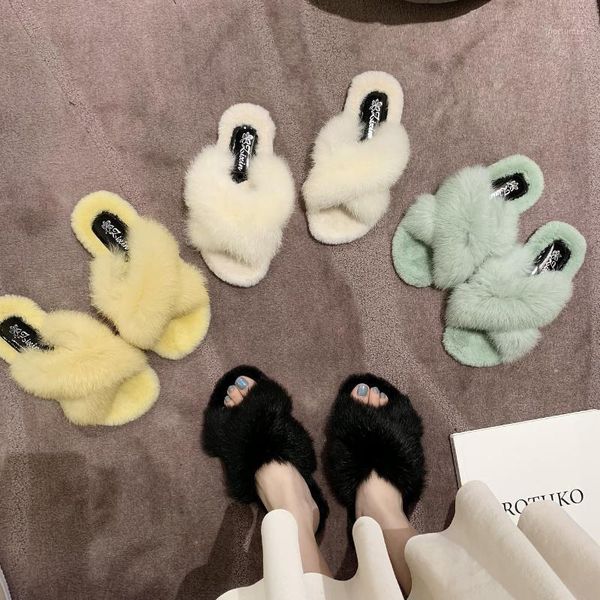 

2020 new fall/winter new style fur slippers women wear fur cross slippers women casual flat home1, Black