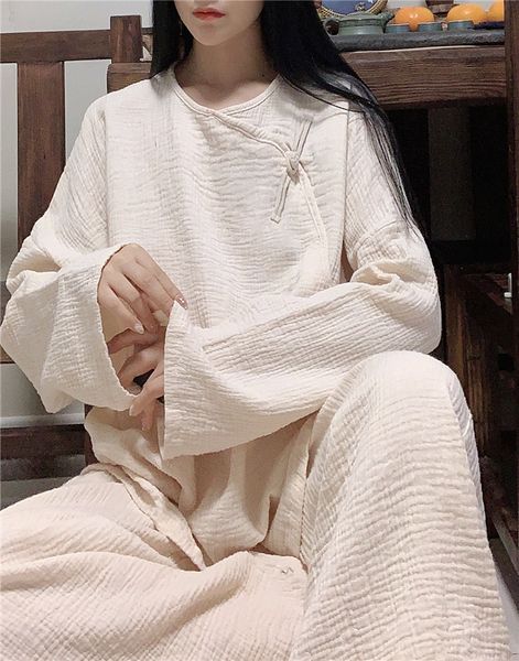 

spring 2020 small warm literature and art double layer spring warm beige soft loose comfortable cotton home wear set soft beige p8poc, Gray