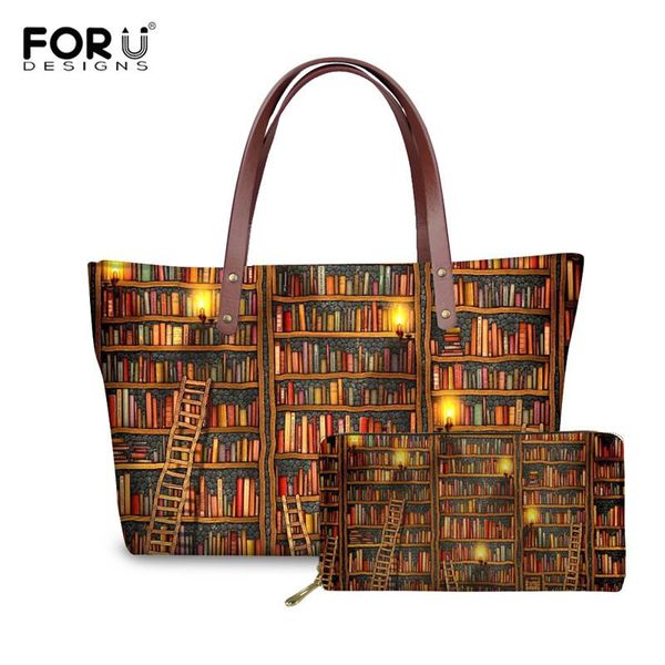 

forudesigns 2pcs/set women bag set art bookshelf pattern handle female handbag shoulder bag with purse ladies clutch wallet