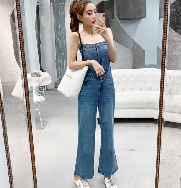 

women's jumpsuits & rompers spring summer strapless sleeveless off shoulder blue denim jumpsuit women high waist loose wide leg overall, Black;white