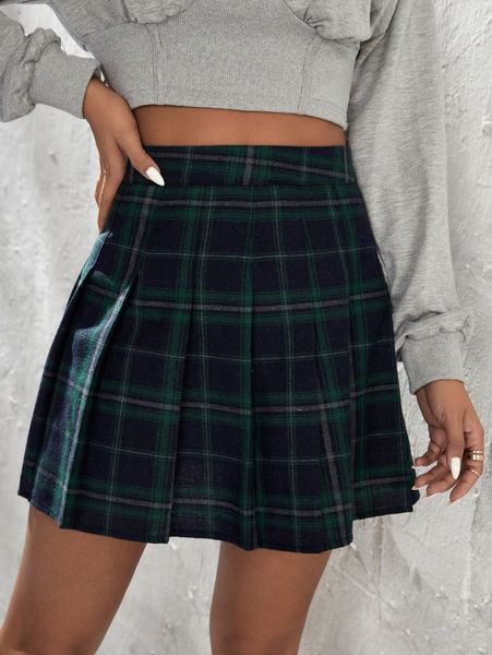 

petite plaid print pleated skirt k2gp#, Black