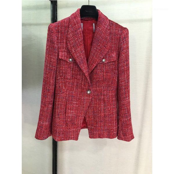 

red woven fabric, a button-down woman's stylish long-sleeved suit jacket, woman's casual fashion suit1, Black;brown