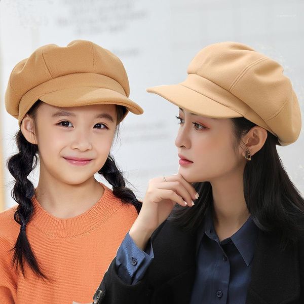 

autumn and winter plush octagonal hat ladies children hat beret solid color bud british peaked trend1, Blue;gray