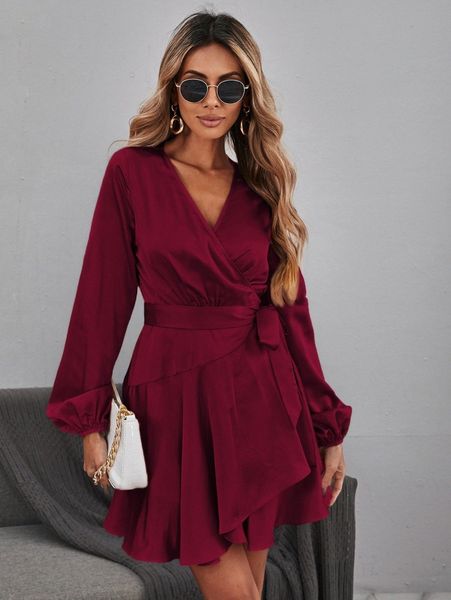 

lantern sleeve knot side ruffle hem wrap satin dress h1n2#, Black;gray