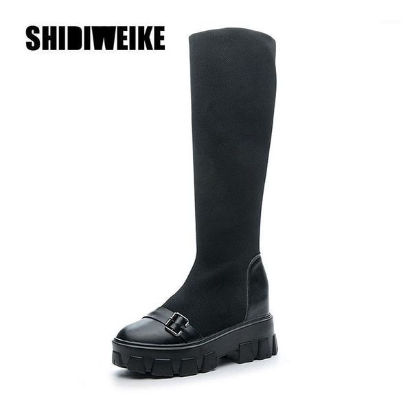 

thick heel round toe pu stitching flock over-the-knee boots comfortable and warm long-tube women's boots socks shoes v8811, Black